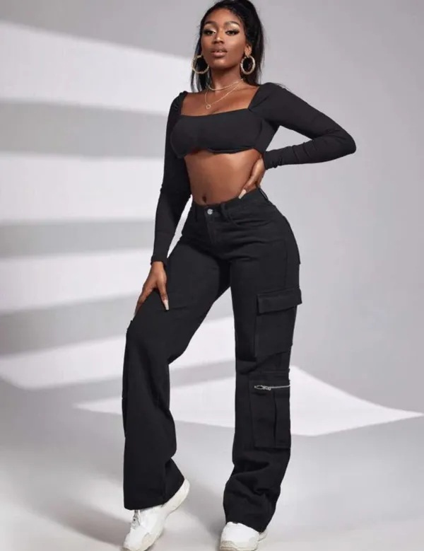 Zipper_Fly_8_Pocket_Black_High_Waist_Cargo_Denim_Jeans