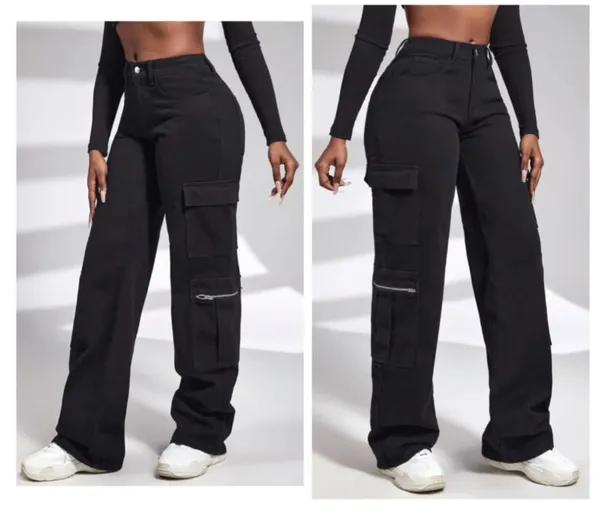 Zipper_Fly_8_Pocket_Black_High_Waist_Cargo_Denim_Jeans