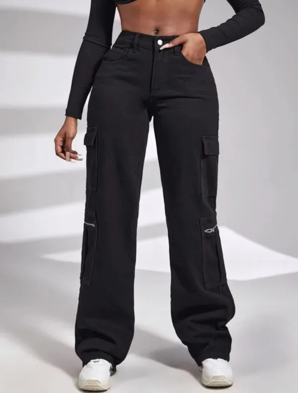 Zipper_Fly_8_Pocket_Black_High_Waist_Cargo_Denim_Jeans