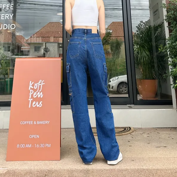 Zipper_Fly_8_Pocket_Dark_Blue_High_Waist_Cargo_Denim_Jeans