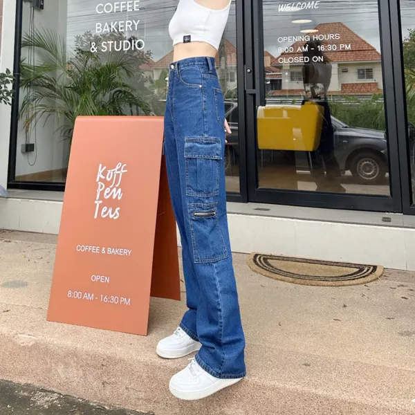 Zipper_Fly_8_Pocket_Dark_Blue_High_Waist_Cargo_Denim_Jeans
