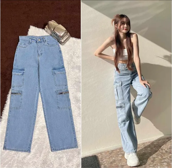 Zipper_Fly_8_Pocket_Ice_Blue_High_Waist_Cargo_Denim_Jeans