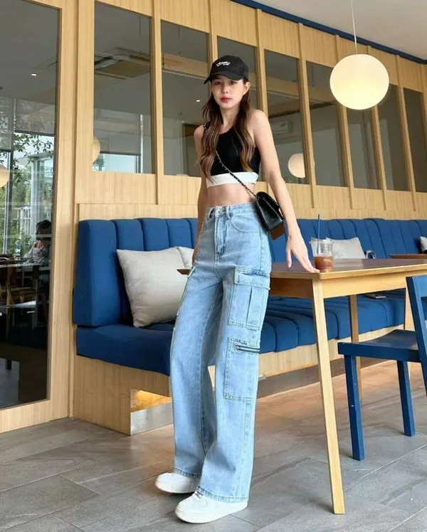 DDMCLOTHING Zipper Fly 8 Pocket Ice Blue High Waist Cargo Denim