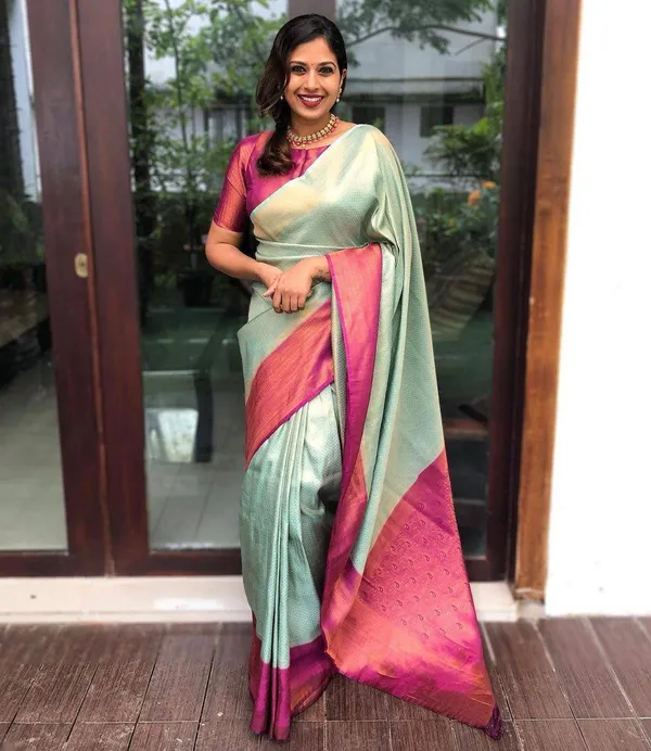 Mint_Banarasi_Soft_Lichi_Silk_Saree_With_Blouse