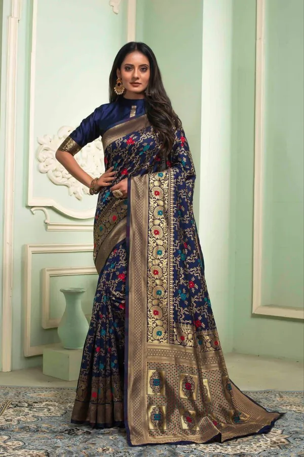 Navy_Blue_Jacquard_Silk_Beautiful_Saree_With_Jacquard_Woven_Work