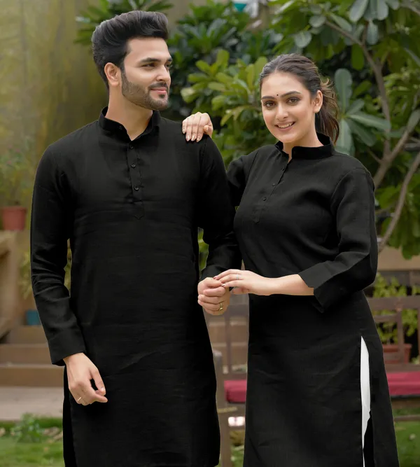 Linan_Cotton_Kurti_and_Kurta_Diamond_Black_Couple_Dress