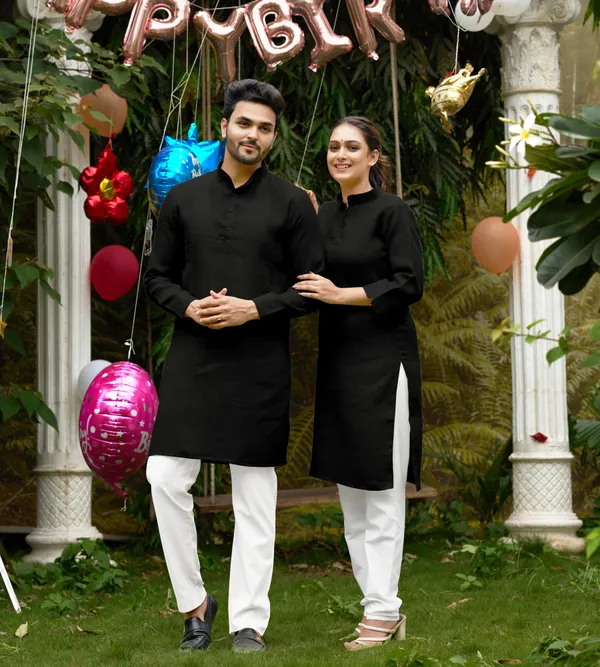 Linan_Cotton_Kurti_and_Kurta_Diamond_Black_Couple_Dress