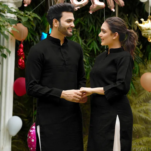 Linan_Cotton_Kurti_and_Kurta_Diamond_Black_Couple_Dress