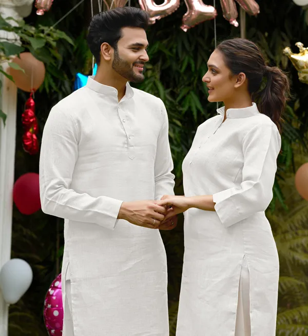 Linan_Cotton_Kurti_and_Kurta_Diamond_White_Couple_Dress