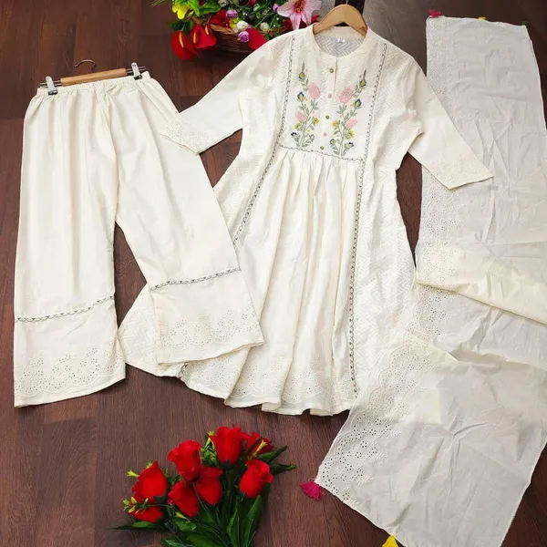 White_Color_Embroidery_Work_Cotton_Fabric_Anarkali_Kurti_Pant_With_Dupatta,_Partywear_Wedding_Girls_Dress