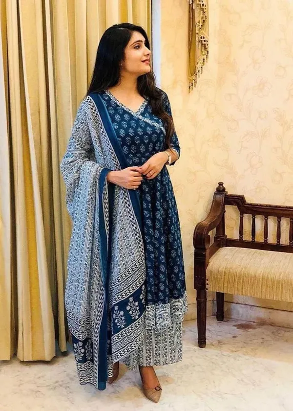 Indian_Women_Desinger_Wedding_Festival_Partywear_Anarkali_Gown_Cotton_Indigo_Blue_Print_Kurti_And_Pant_With_Dupatta