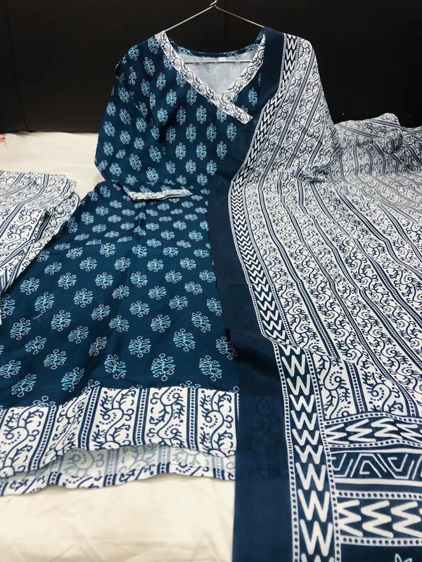 Indian_Women_Desinger_Wedding_Festival_Partywear_Anarkali_Gown_Cotton_Indigo_Blue_Print_Kurti_And_Pant_With_Dupatta