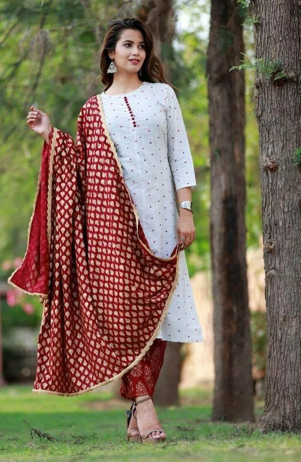 White_Color_Designer_Suits_and_Bottom_Readymade_Dupatta_sets