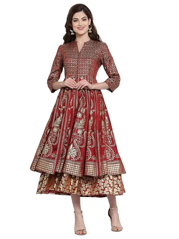 Maroon_Cotton_Silk_Latest_Ethnic_Wear_For_Women_Wedding_Dresses_Double_Layered_1_Piece_Arankali_Fit_Ethnic_Party_Dress_3/4_Sleeves_Foil_Printed_Band_Collar_Long_Fusion_Dress
