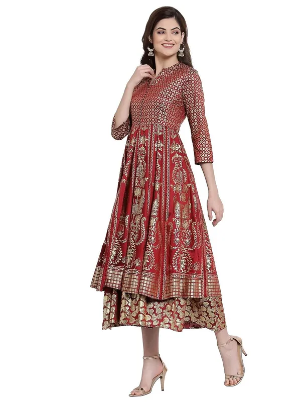 Maroon_Cotton_Silk_Latest_Ethnic_Wear_For_Women_Wedding_Dresses_Double_Layered_1_Piece_Arankali_Fit_Ethnic_Party_Dress_3/4_Sleeves_Foil_Printed_Band_Collar_Long_Fusion_Dress