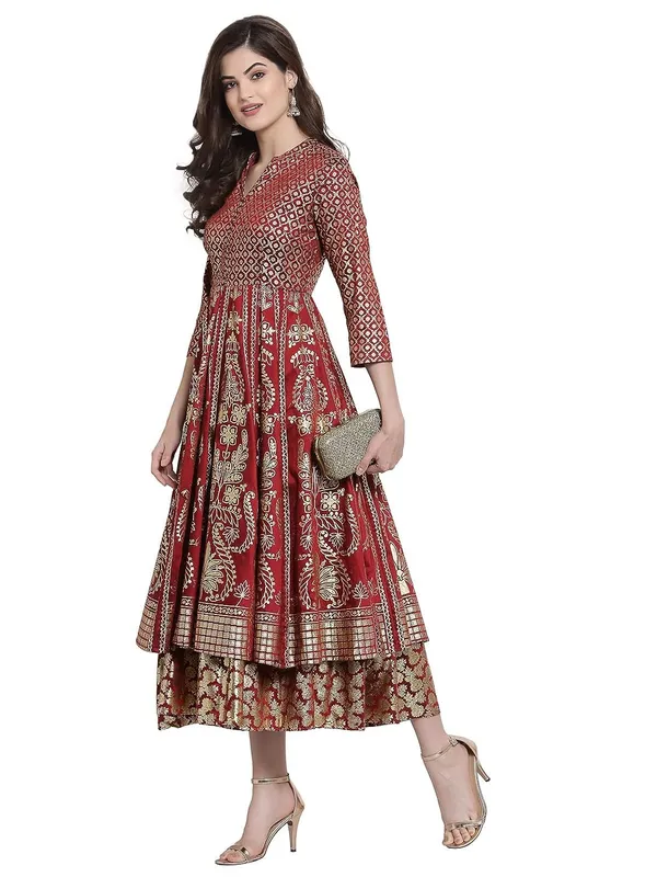 Maroon_Cotton_Silk_Latest_Ethnic_Wear_For_Women_Wedding_Dresses_Double_Layered_1_Piece_Arankali_Fit_Ethnic_Party_Dress_3/4_Sleeves_Foil_Printed_Band_Collar_Long_Fusion_Dress