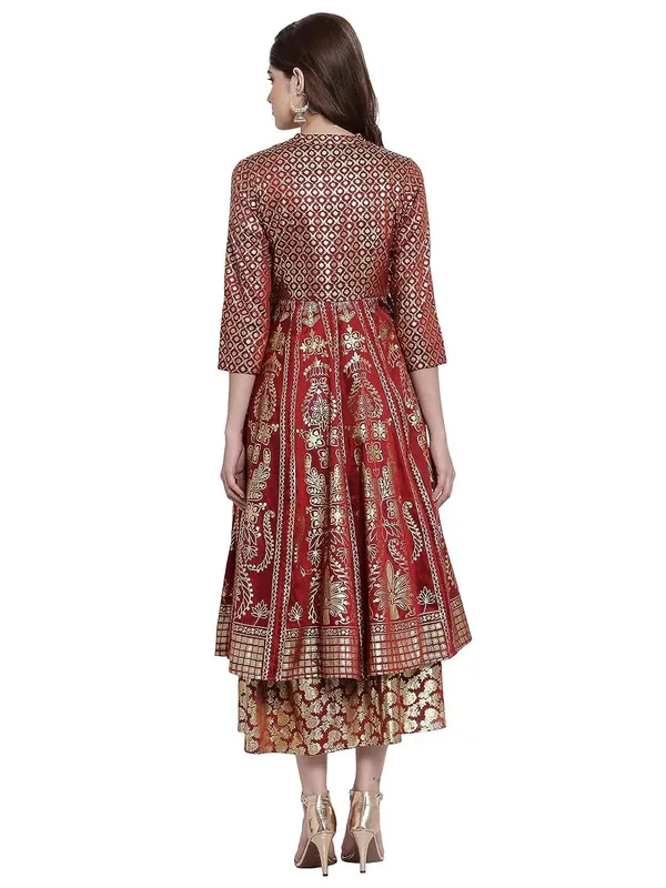 Maroon_Cotton_Silk_Latest_Ethnic_Wear_For_Women_Wedding_Dresses_Double_Layered_1_Piece_Arankali_Fit_Ethnic_Party_Dress_3/4_Sleeves_Foil_Printed_Band_Collar_Long_Fusion_Dress
