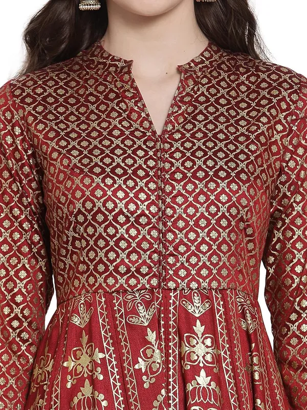 Maroon_Cotton_Silk_Latest_Ethnic_Wear_For_Women_Wedding_Dresses_Double_Layered_1_Piece_Arankali_Fit_Ethnic_Party_Dress_3/4_Sleeves_Foil_Printed_Band_Collar_Long_Fusion_Dress