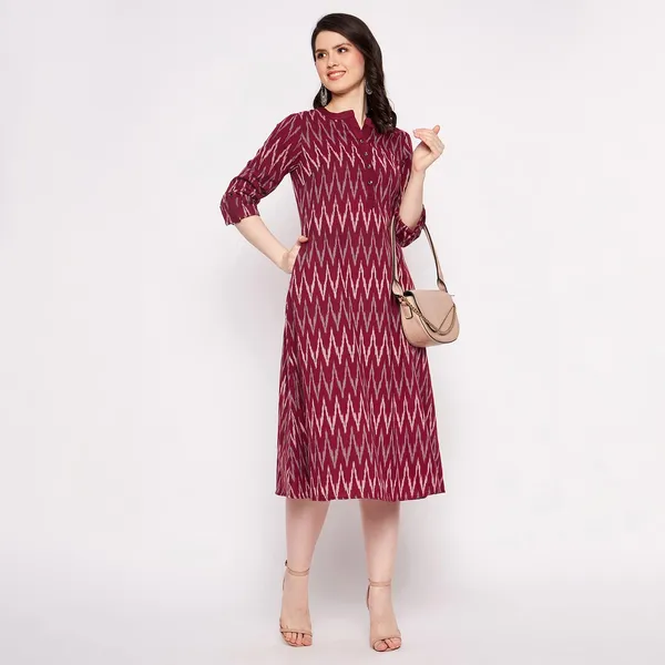 Maroon_Cotton_Ikat_Handloom_Dress_For_Women_Western_A-Line_Readymade_Outfit_Cotton_Kurti_For_Woman_Cotton_Desses_For_Ladies_1_Piece