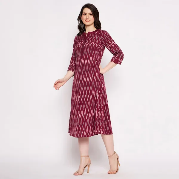 Maroon_Cotton_Ikat_Handloom_Dress_For_Women_Western_A-Line_Readymade_Outfit_Cotton_Kurti_For_Woman_Cotton_Desses_For_Ladies_1_Piece