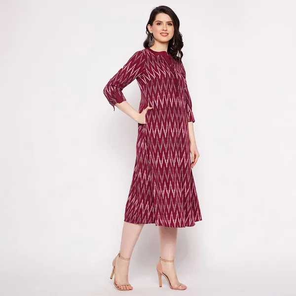 Maroon_Cotton_Ikat_Handloom_Dress_For_Women_Western_A-Line_Readymade_Outfit_Cotton_Kurti_For_Woman_Cotton_Desses_For_Ladies_1_Piece