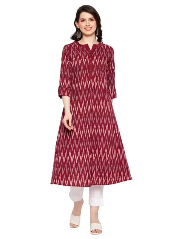Maroon_Cotton_Ikat_Yarn_Dyed_Dress_With_White_Linen_Pant_For_Women_Western_A-Line_Readymade_Outfit_Cotton_Kurti_With_Trouser_For_Woman_2_Piece_Set