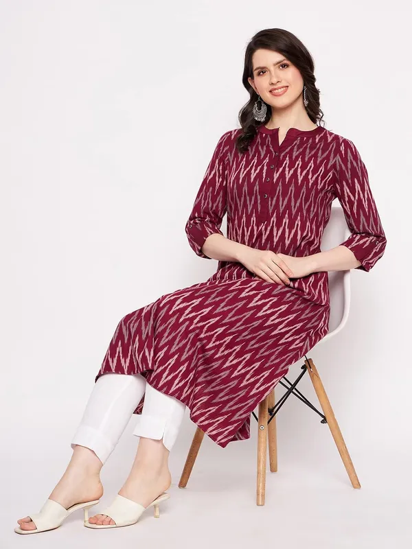 Maroon_Cotton_Ikat_Yarn_Dyed_Dress_With_White_Linen_Pant_For_Women_Western_A-Line_Readymade_Outfit_Cotton_Kurti_With_Trouser_For_Woman_2_Piece_Set