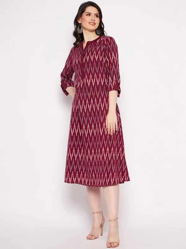 Maroon_Cotton_Ikat_Yarn_Dyed_Dress_With_White_Linen_Pant_For_Women_Western_A-Line_Readymade_Outfit_Cotton_Kurti_With_Trouser_For_Woman_2_Piece_Set