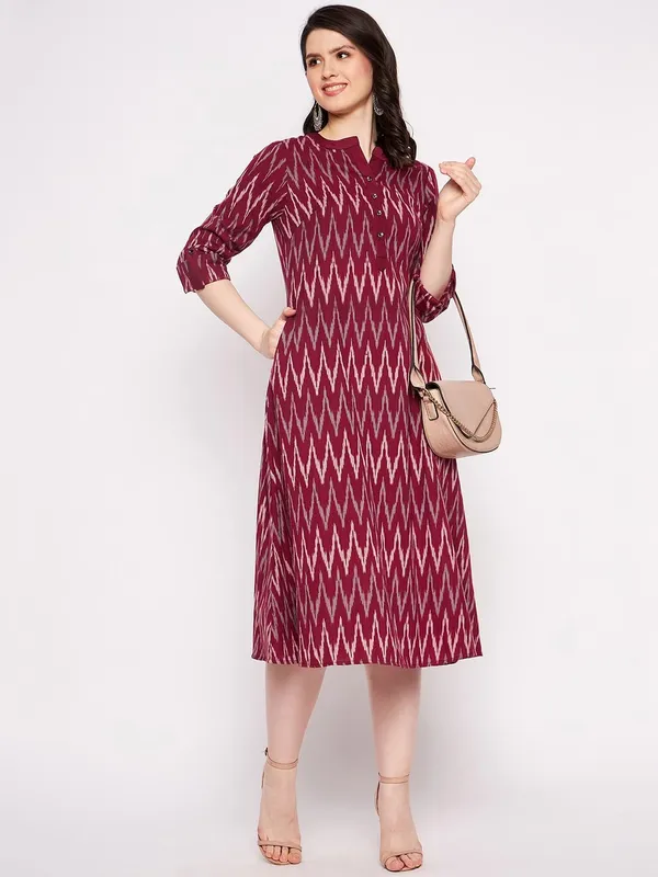 Maroon_Cotton_Ikat_Yarn_Dyed_Dress_With_White_Linen_Pant_For_Women_Western_A-Line_Readymade_Outfit_Cotton_Kurti_With_Trouser_For_Woman_2_Piece_Set