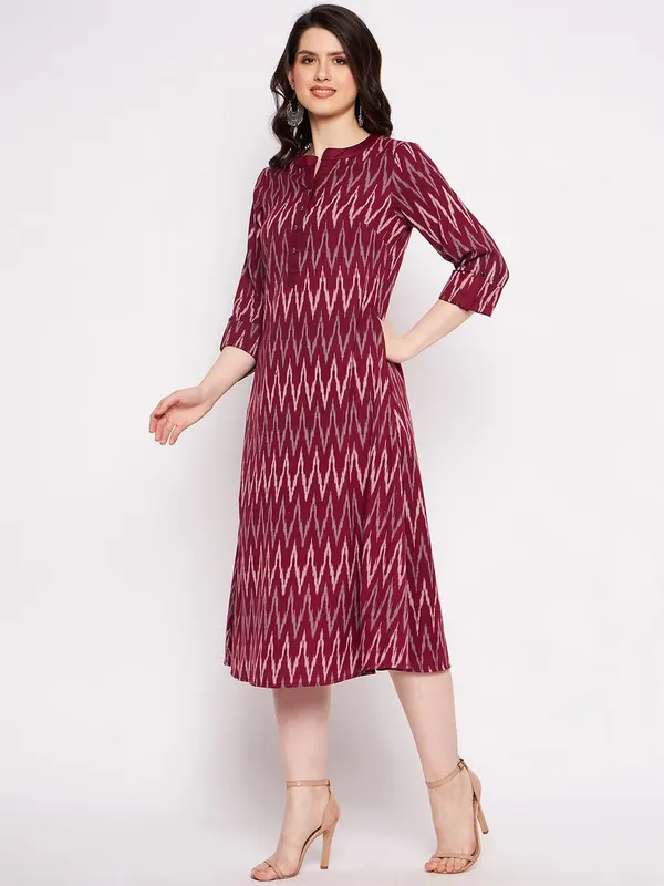 Maroon_Cotton_Ikat_Yarn_Dyed_Dress_With_White_Linen_Pant_For_Women_Western_A-Line_Readymade_Outfit_Cotton_Kurti_With_Trouser_For_Woman_2_Piece_Set