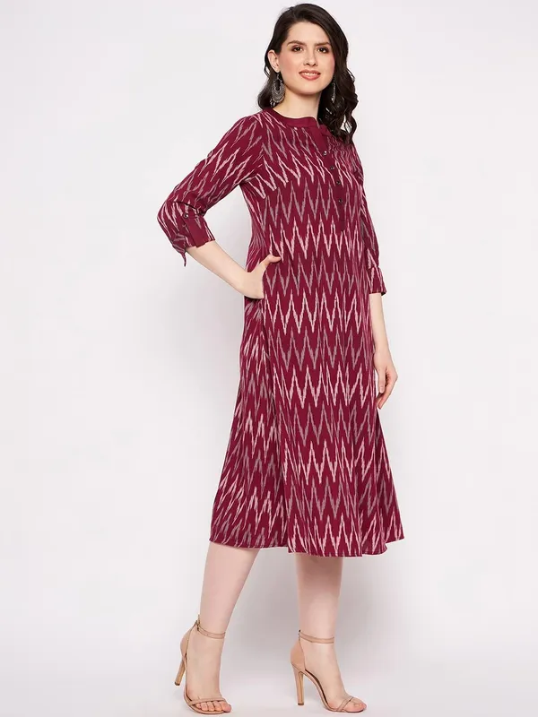 Maroon_Cotton_Ikat_Yarn_Dyed_Dress_With_White_Linen_Pant_For_Women_Western_A-Line_Readymade_Outfit_Cotton_Kurti_With_Trouser_For_Woman_2_Piece_Set