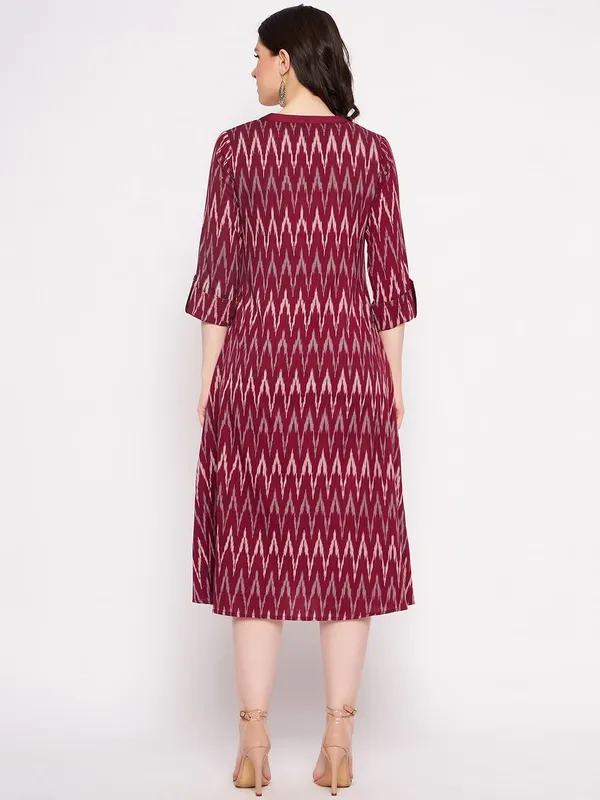 Maroon_Cotton_Ikat_Yarn_Dyed_Dress_With_White_Linen_Pant_For_Women_Western_A-Line_Readymade_Outfit_Cotton_Kurti_With_Trouser_For_Woman_2_Piece_Set