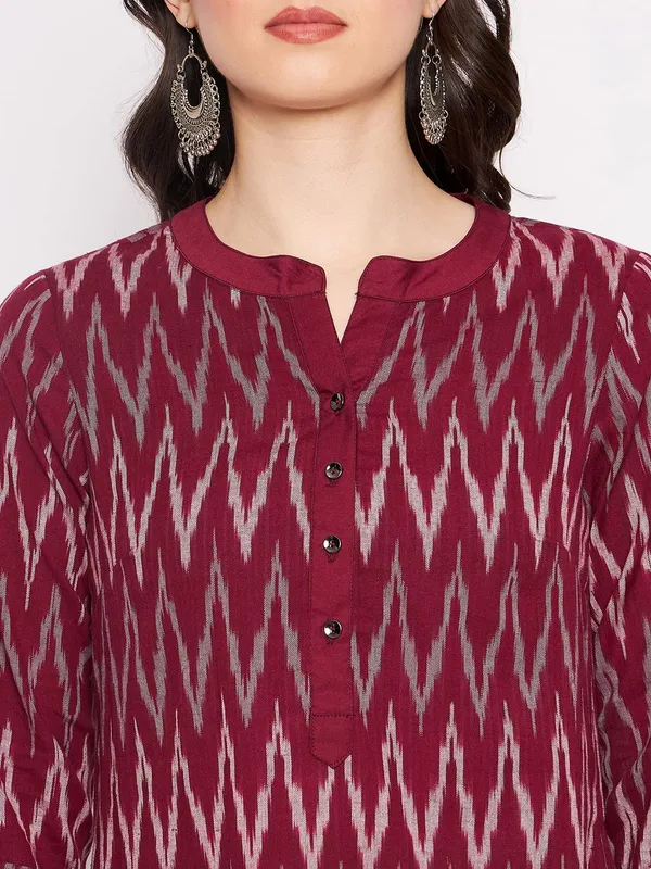Maroon_Cotton_Ikat_Yarn_Dyed_Dress_With_White_Linen_Pant_For_Women_Western_A-Line_Readymade_Outfit_Cotton_Kurti_With_Trouser_For_Woman_2_Piece_Set