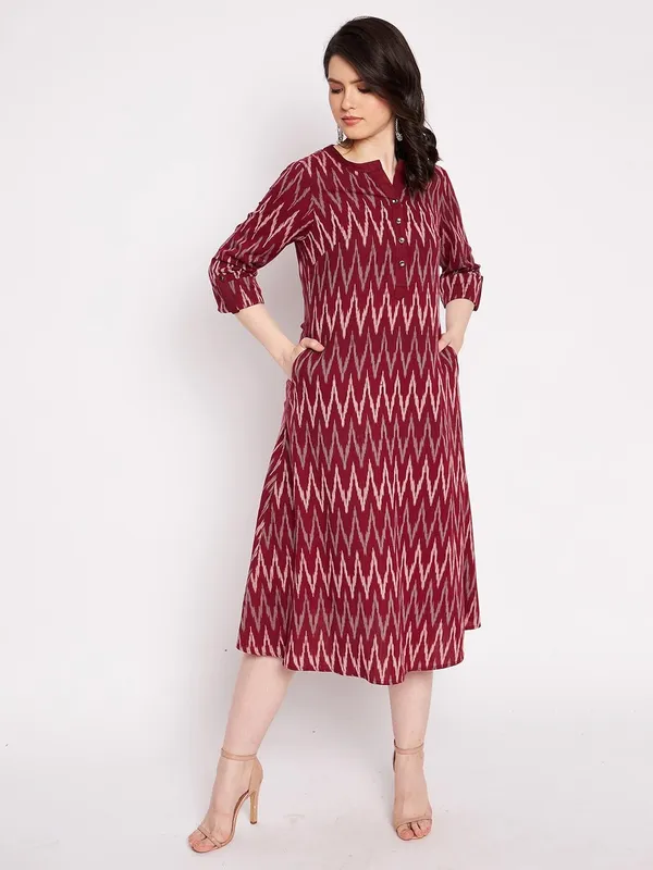 Maroon_Cotton_Ikat_Yarn_Dyed_Dress_With_White_Linen_Pant_For_Women_Western_A-Line_Readymade_Outfit_Cotton_Kurti_With_Trouser_For_Woman_2_Piece_Set