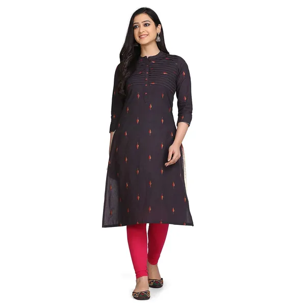 Charcoal_Pleated_Mangalgiri_Kurta_For_Women_Readymade_Leaf_Buti_South_Cotton_A-Line_Kurta__Mangalgiri_Cotton_Embroidered_Buti_For_Ladies_Printed_1_Pcs
