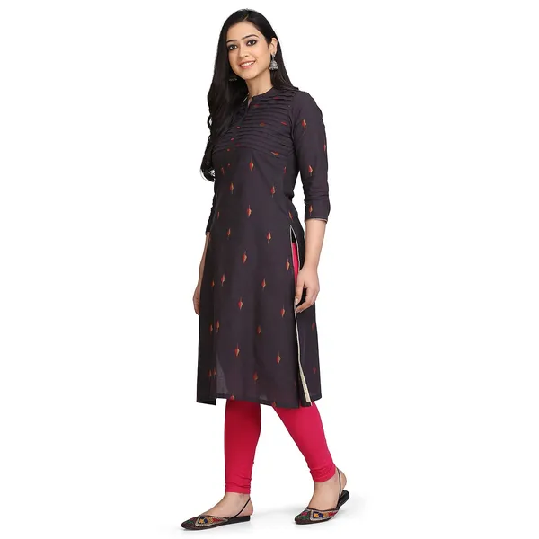 Charcoal_Pleated_Mangalgiri_Kurta_For_Women_Readymade_Leaf_Buti_South_Cotton_A-Line_Kurta__Mangalgiri_Cotton_Embroidered_Buti_For_Ladies_Printed_1_Pcs