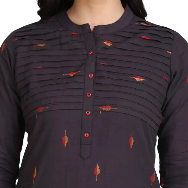 Charcoal_Pleated_Mangalgiri_Kurta_For_Women_Readymade_Leaf_Buti_South_Cotton_A-Line_Kurta__Mangalgiri_Cotton_Embroidered_Buti_For_Ladies_Printed_1_Pcs