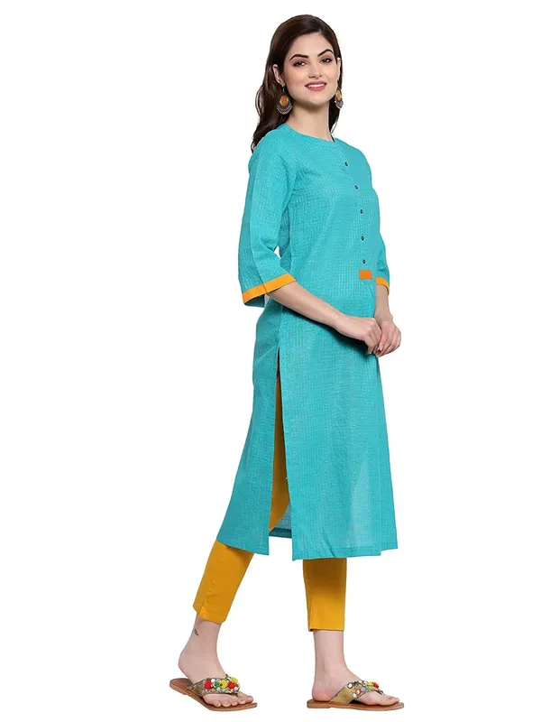 Turquise_Mangalgiri_Slub_Zari_Check_Kurta_For_Women_Featuring_Band_Collar_Neck_&_Three_Quarter_Sleeves_&_Diamond_Cotton_Dobby_Trim_Detaling_With_A_Straight_Filhouette