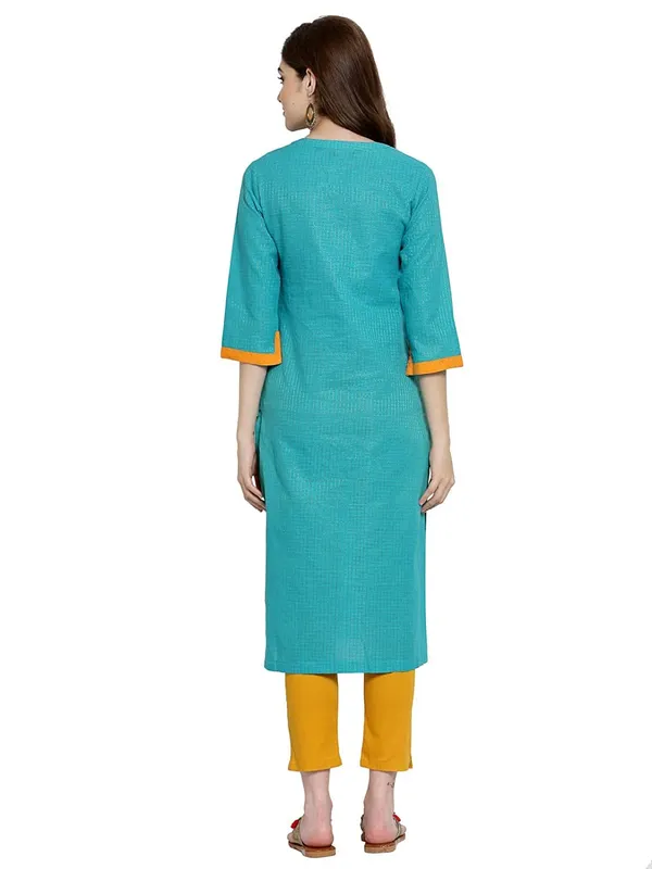 Turquise_Mangalgiri_Slub_Zari_Check_Kurta_For_Women_Featuring_Band_Collar_Neck_&_Three_Quarter_Sleeves_&_Diamond_Cotton_Dobby_Trim_Detaling_With_A_Straight_Filhouette