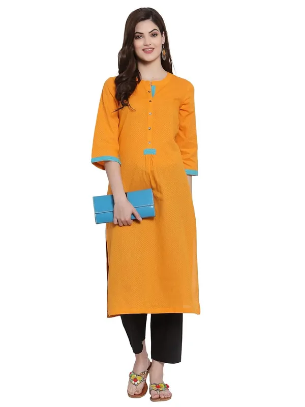 Orange_Mangalgiri_Diamond_Cotton_Dobby_Weave_Kurta_Featuring_Band_Collar_Neck_&_Three_Quarter_Sleeves_&_Slub_Zari_Ckeck_Trim_Deatling_With_A_Straight_Silhouette_1_Piece