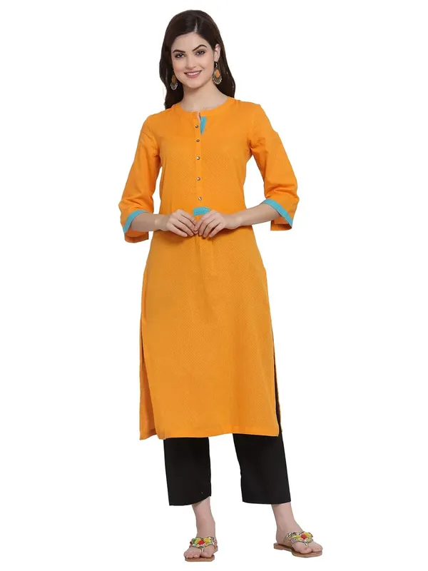 Orange_Mangalgiri_Diamond_Cotton_Dobby_Weave_Kurta_Featuring_Band_Collar_Neck_&_Three_Quarter_Sleeves_&_Slub_Zari_Ckeck_Trim_Deatling_With_A_Straight_Silhouette_1_Piece