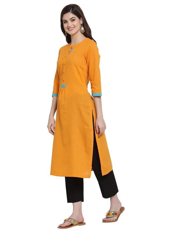 Orange_Mangalgiri_Diamond_Cotton_Dobby_Weave_Kurta_Featuring_Band_Collar_Neck_&_Three_Quarter_Sleeves_&_Slub_Zari_Ckeck_Trim_Deatling_With_A_Straight_Silhouette_1_Piece