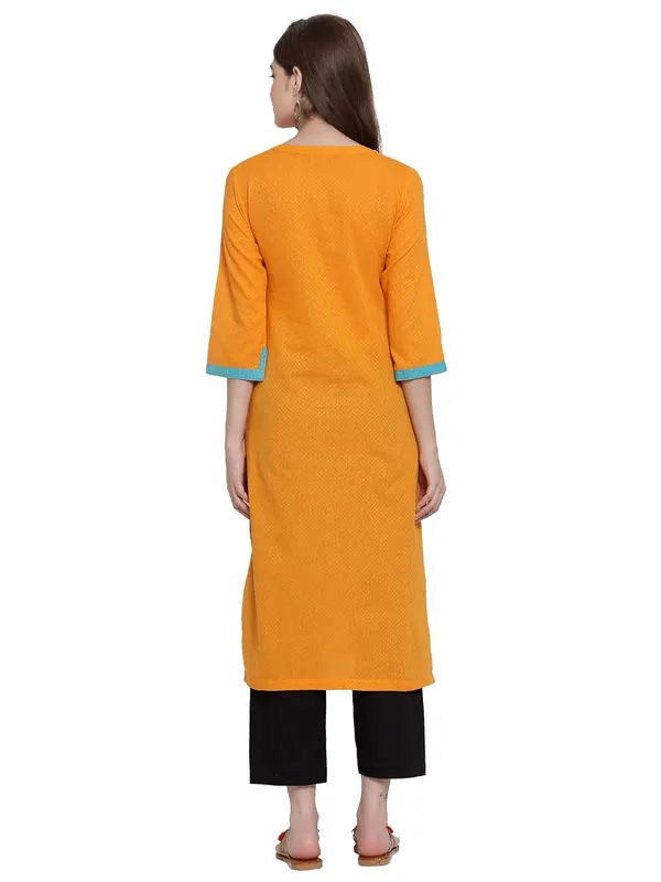 Orange_Mangalgiri_Diamond_Cotton_Dobby_Weave_Kurta_Featuring_Band_Collar_Neck_&_Three_Quarter_Sleeves_&_Slub_Zari_Ckeck_Trim_Deatling_With_A_Straight_Silhouette_1_Piece