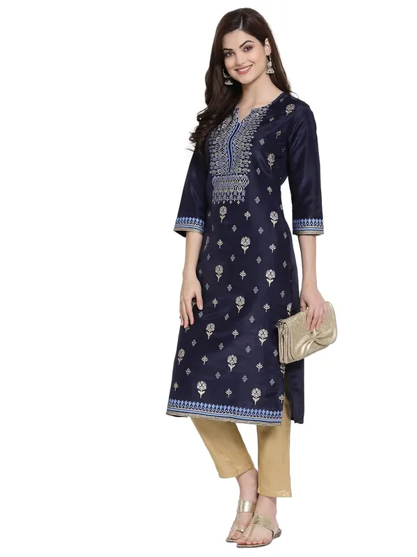 Navy_Blue_Shantung_Kurta_For_Women_Featuring_Round_Neck_&_Festooned_&_Gold_Embellishments|_Kurta_For_Ladies_1_Piece