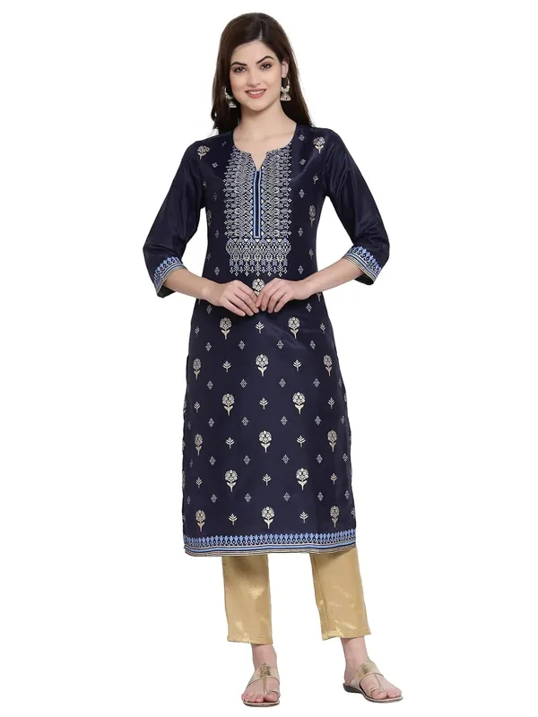 Navy_Blue_Shantung_Kurta_For_Women_Featuring_Round_Neck_&_Festooned_&_Gold_Embellishments|_Kurta_For_Ladies_1_Piece