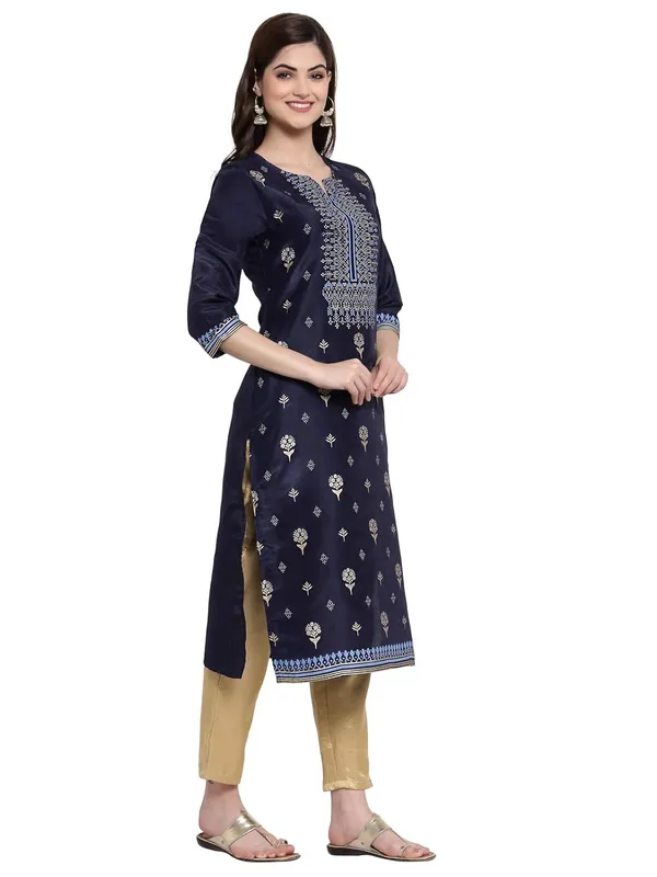 Navy_Blue_Shantung_Kurta_For_Women_Featuring_Round_Neck_&_Festooned_&_Gold_Embellishments|_Kurta_For_Ladies_1_Piece