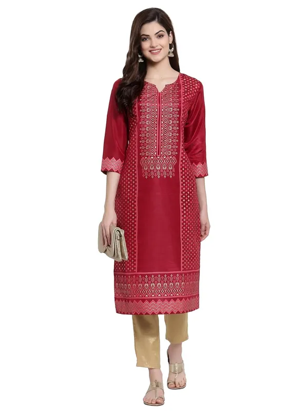 Red_Shantung_Kurta_For_Women_Featuring_Round_Neck_&_Festooned_&_Gold_Embellishments|_Kurta_For_Ladies_1_Piece