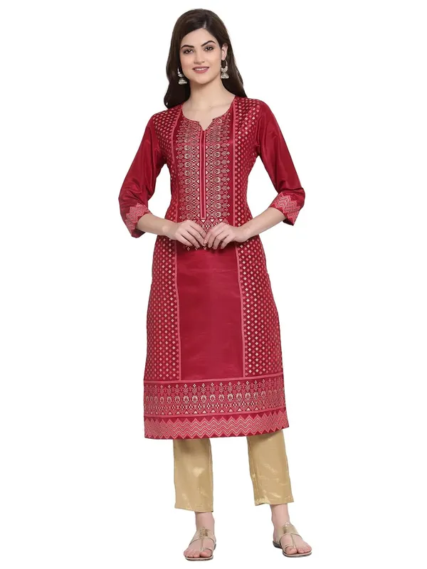 Red_Shantung_Kurta_For_Women_Featuring_Round_Neck_&_Festooned_&_Gold_Embellishments|_Kurta_For_Ladies_1_Piece