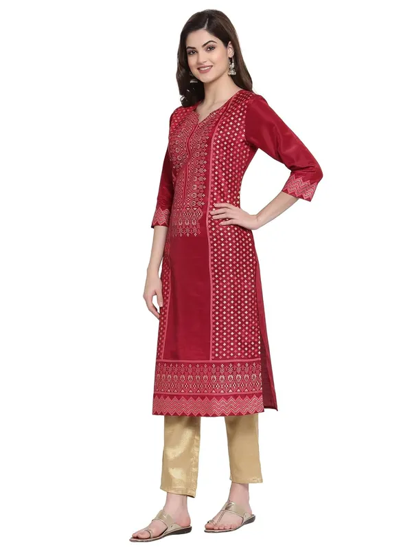 Red_Shantung_Kurta_For_Women_Featuring_Round_Neck_&_Festooned_&_Gold_Embellishments|_Kurta_For_Ladies_1_Piece