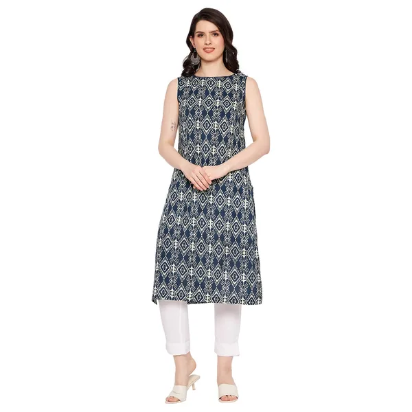Inidgo_Cotton_Sleeveless_Kurta_Readymade_Outfit_Cotton_Kurti_For_Women_Dress_For_Ladies_Printed_1_Pcs